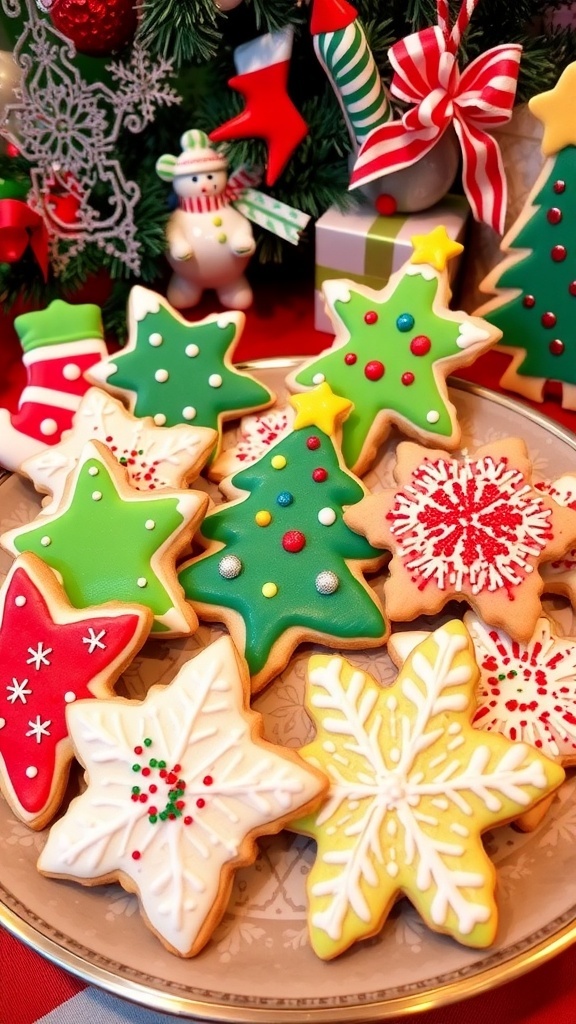 A plate of decorated Christmas sugar cookies in festive shapes, surrounded by holiday decorations.